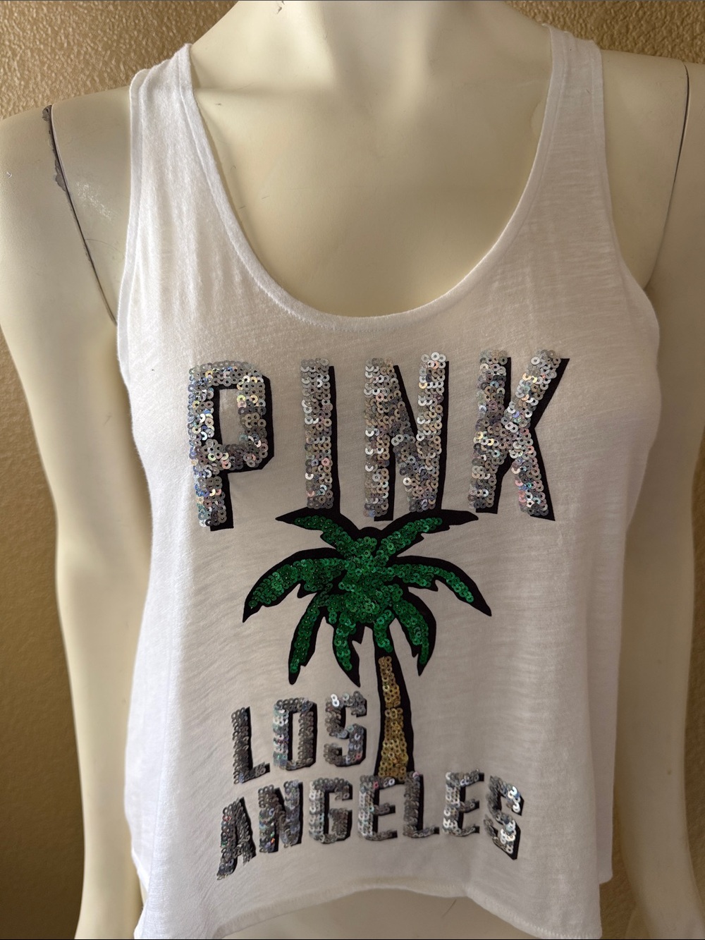 PINK Victoria's Secret White Tank with Sequin Logo & Green Palm